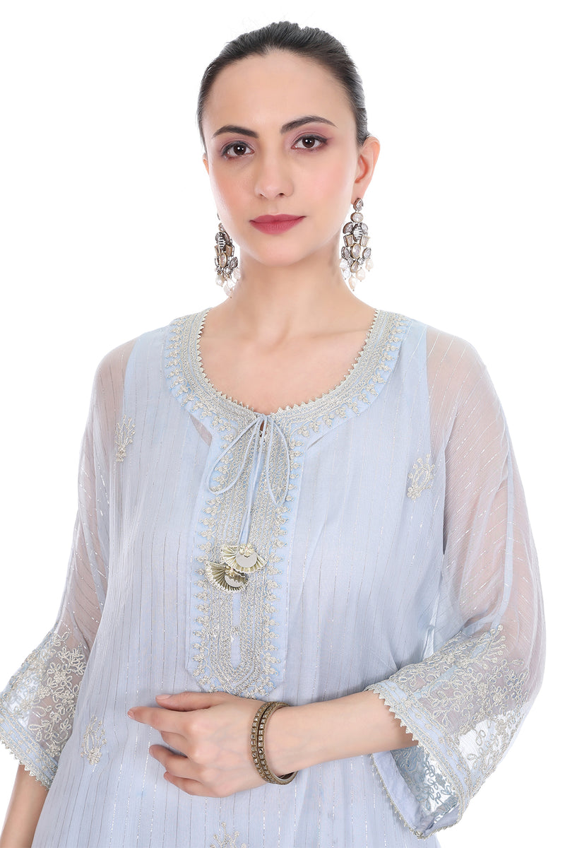 Blue Embroidered High Low Kaftaan  with Heram Pants