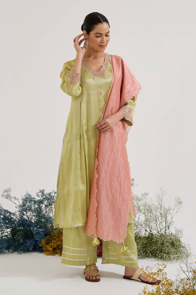 Lime Rose Scallop Chanderi Stripe Dupatta