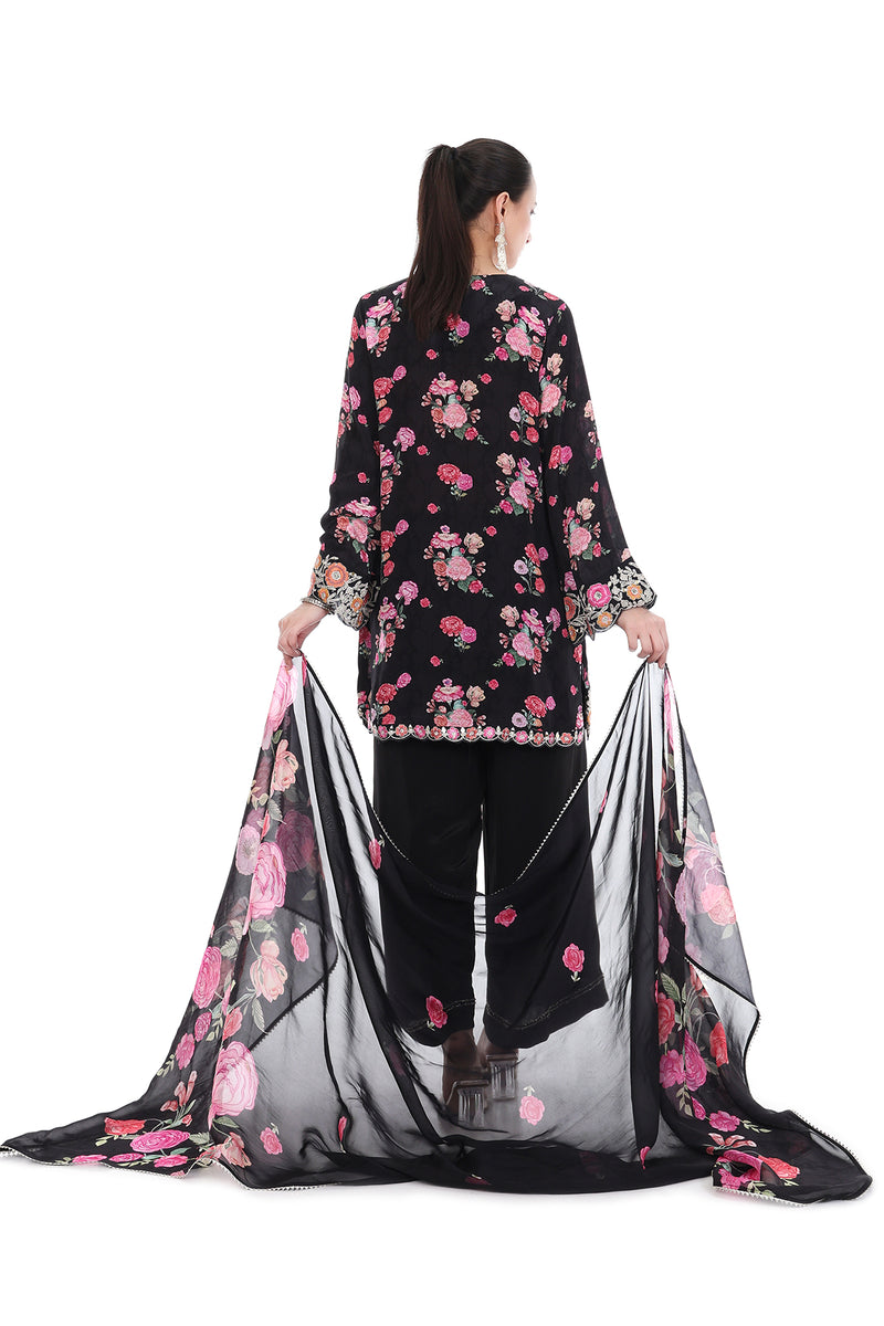 Black Embroiderd Floral Short Kurta Set