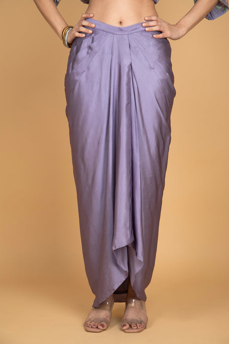 Purple Printed Embroidered High Low Top W/Drape Skirt