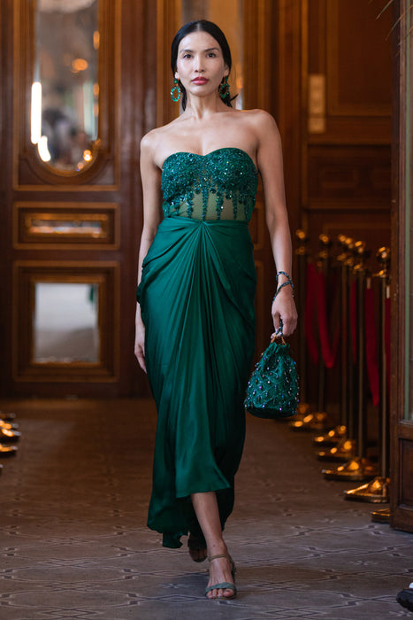 Green pre-draped gown