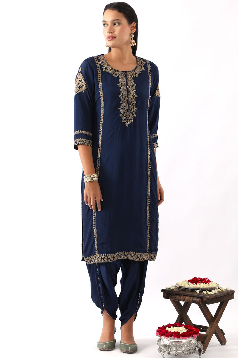 Midnight Blue Neck Embroidered Kurta & Dhoti Set