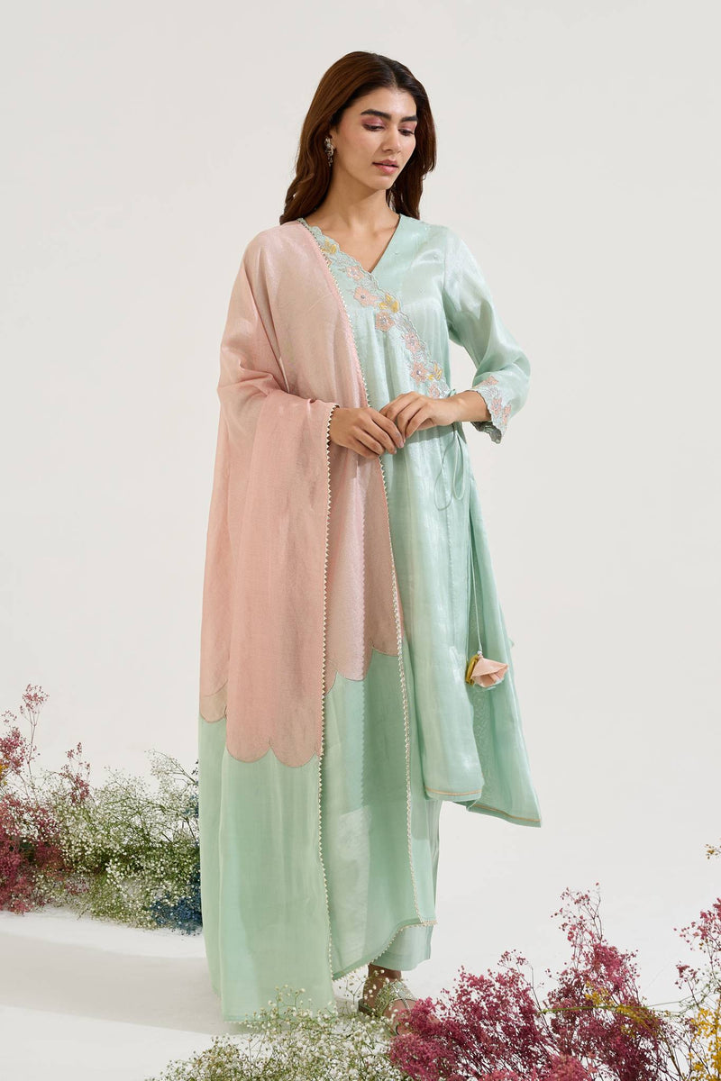 Mint Floral Embroidered Zari Chanderi Stripe with Tissue Panel Dupatta