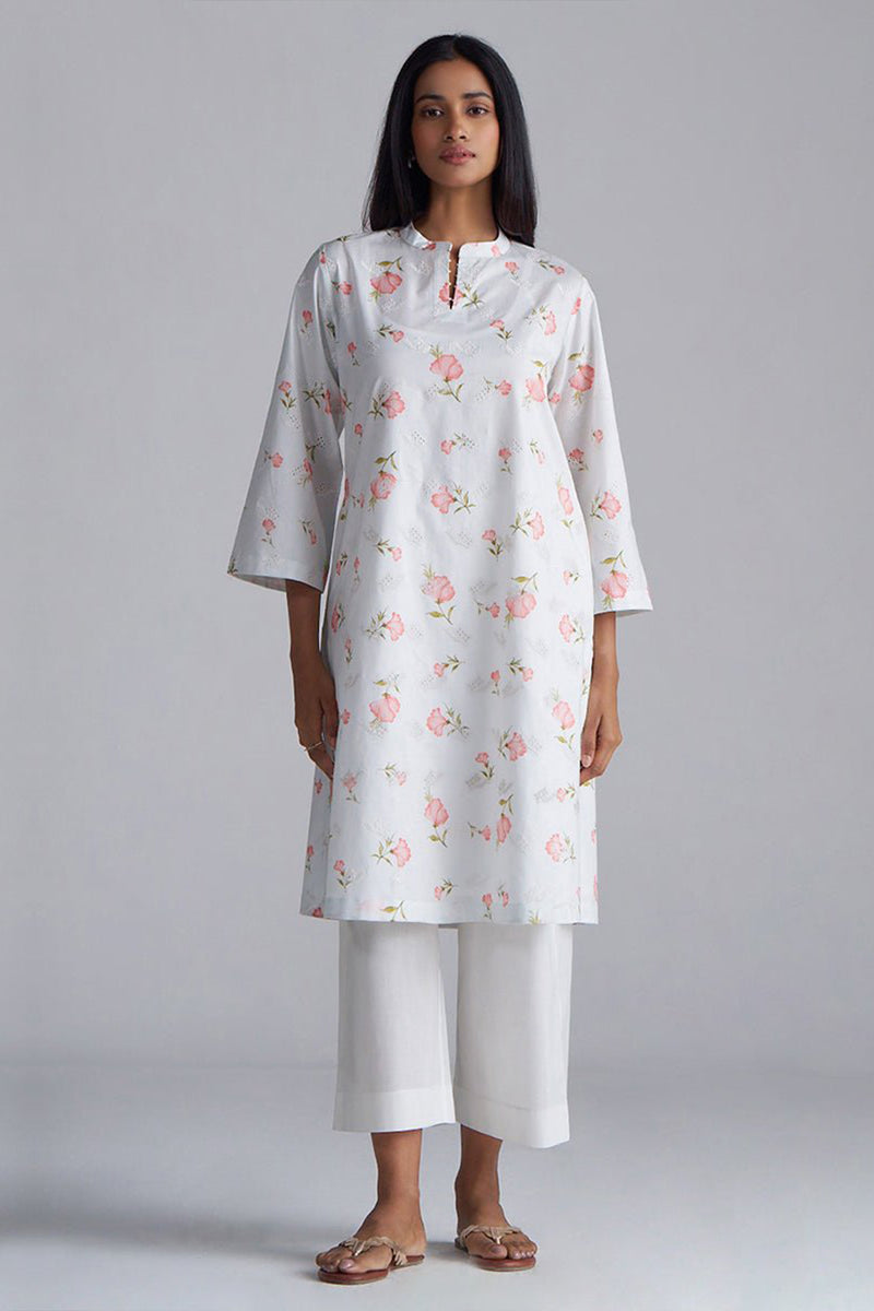 White Print and Embroidered Cotton Co-ord Set