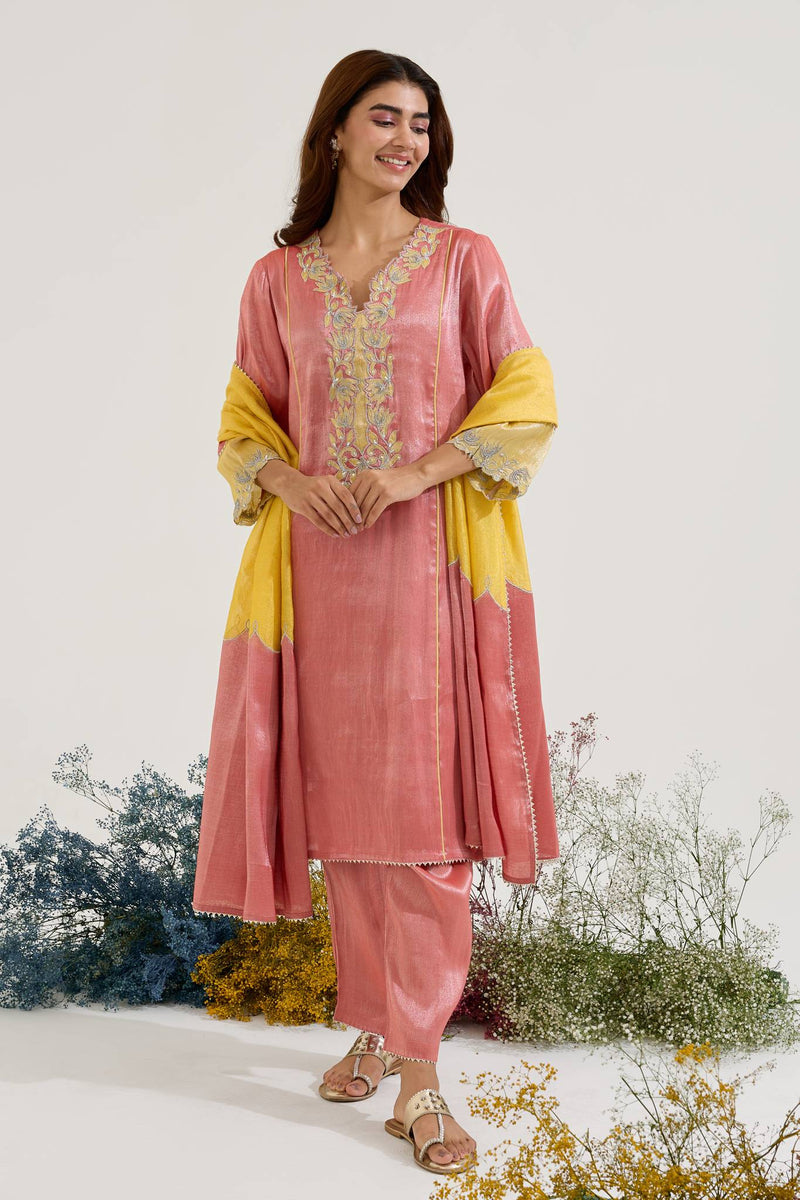 Red Lotus Zari Embroidered Chanderi Stripe with Tissue Panel Dupatta