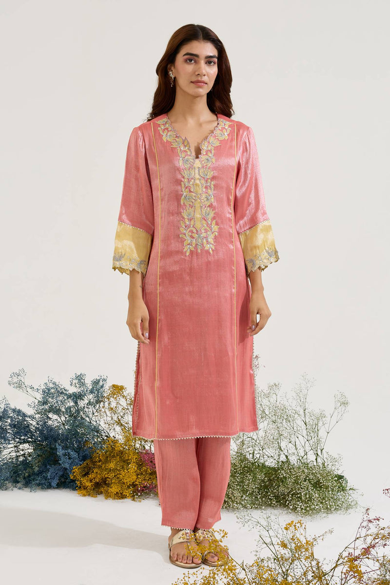 Red Lotus Applique Tissue Kurta with Narrow Pants - Set of 2