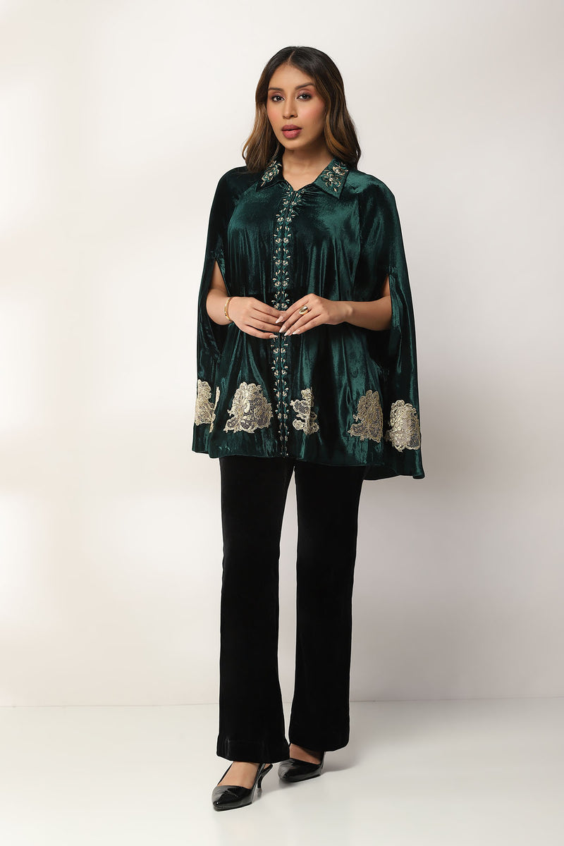 Zarq Drape French Lace Velvet Cape Set with pants
