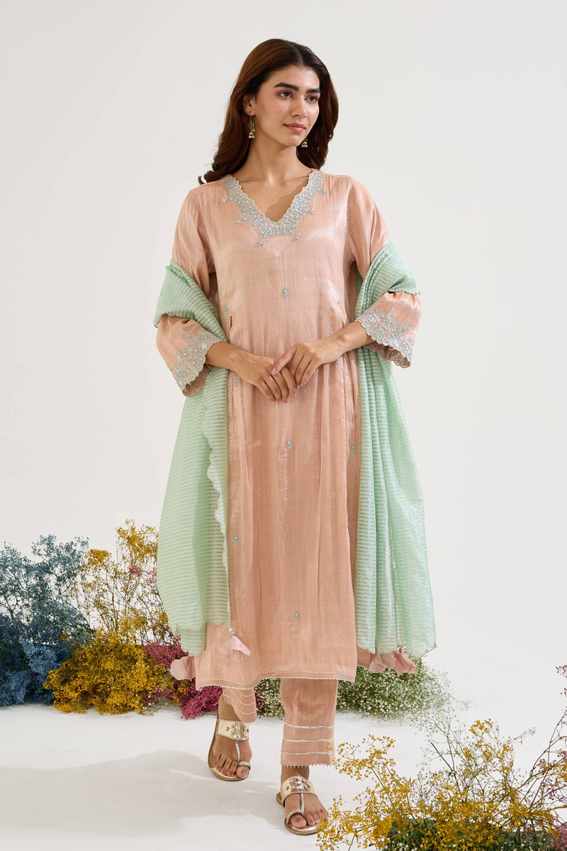 Pink Floral Zari Tissue Anarkali with Narrow Pants and Dupatta - Set of 3