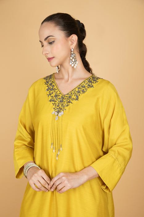 Lime Yellow Hand Embroidered Kaftaan Kurta W/Pants