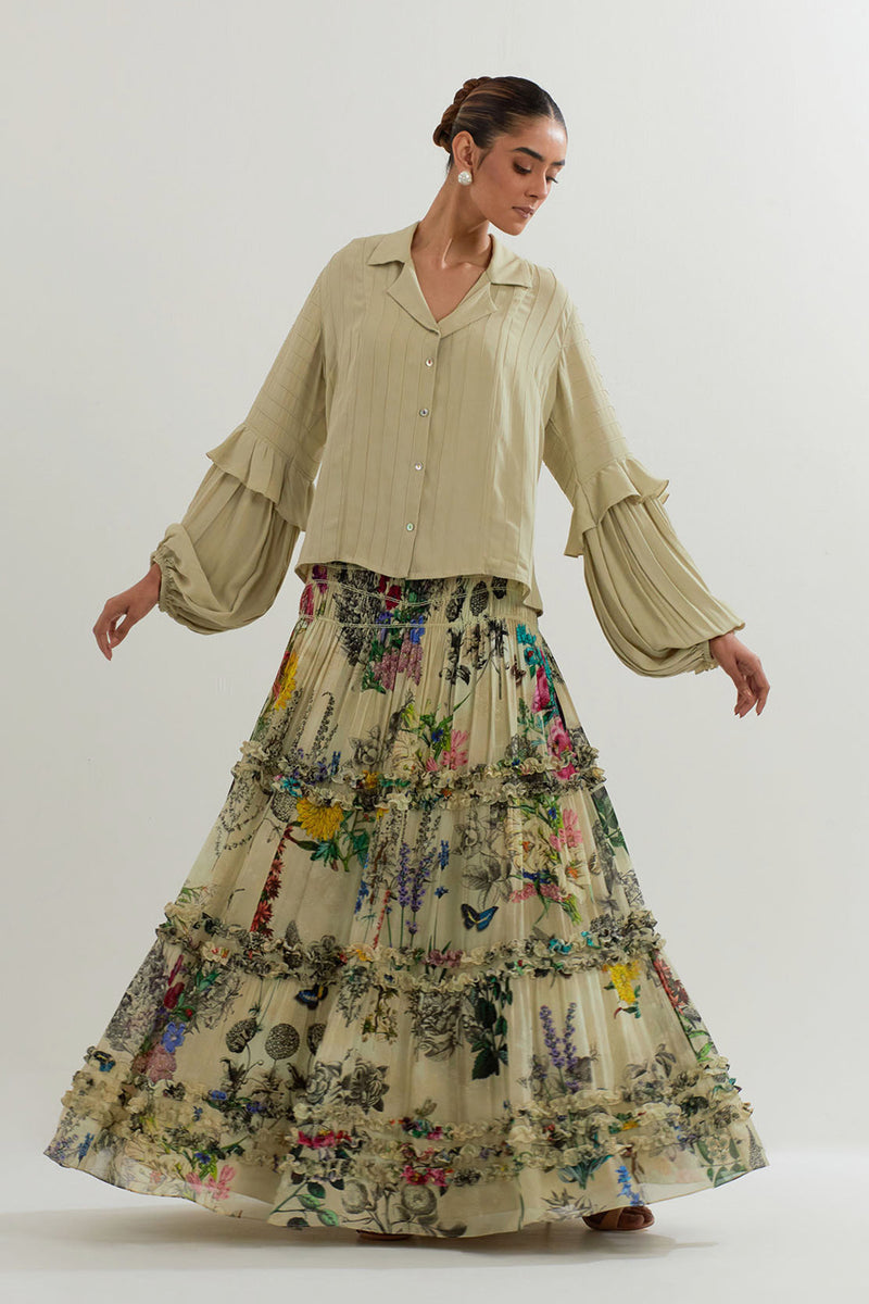 BOTANICAL PRINTED SKIRT WITH RUFFLE SHIRT