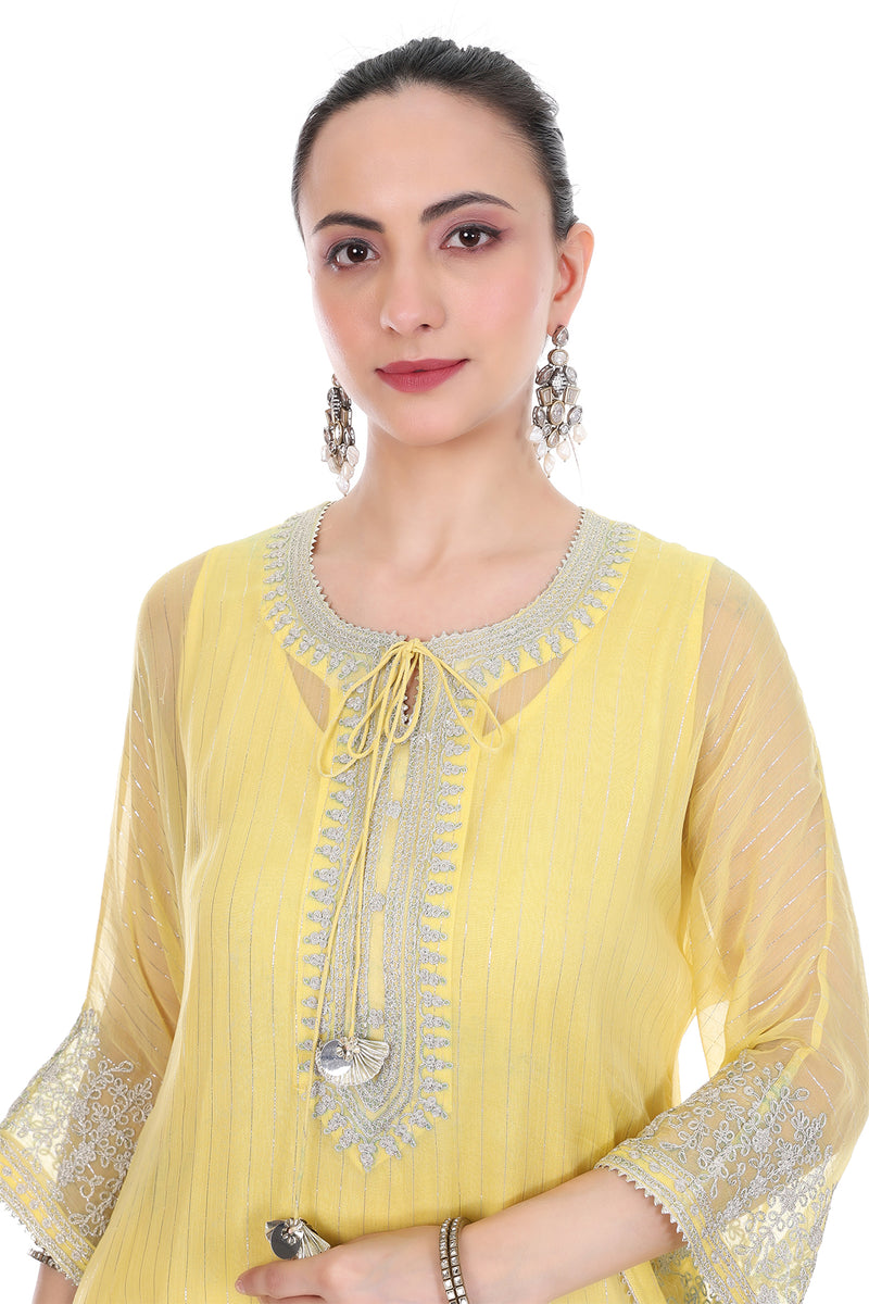 Yellow Embroidered High Low Kaftaan  with Heram Pants