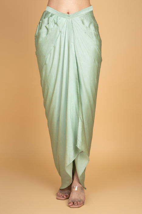 Green Printed Embroidered High Low Top W/Drape Skirt