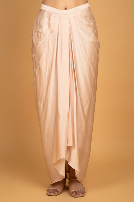 Nude Pink Printed Embroidered High Low Top W/Drape Skirt