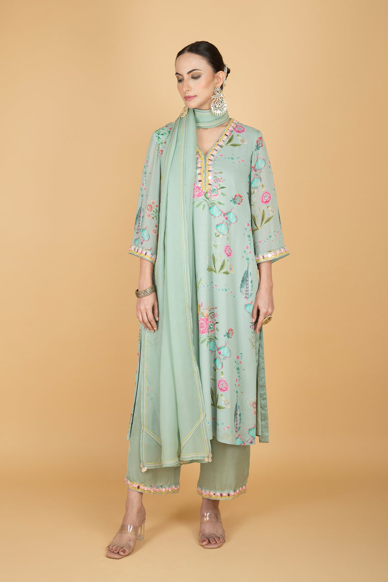 Green Floral Print Mirror Embroiderd Kurta With Pants & Dupatta