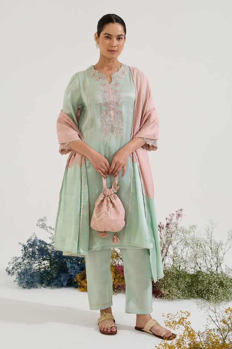 Mint Lotus Applique Tissue Kurta with Narrow Pants and Dupatta - Set of 3