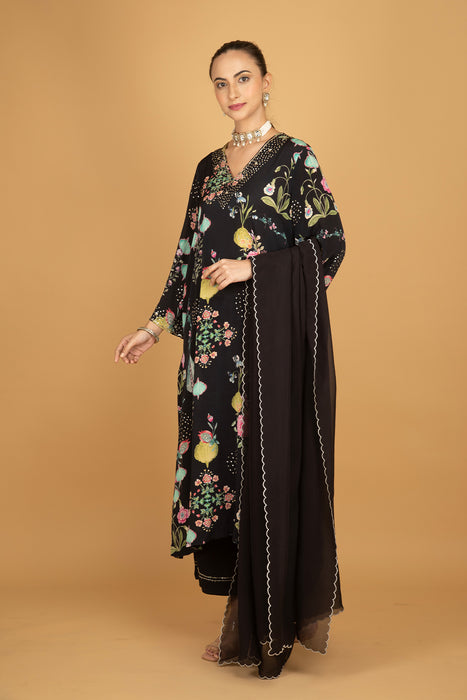 Black Floral Printed Sequin Embroidery Kurta with Pant & Dupatta Set