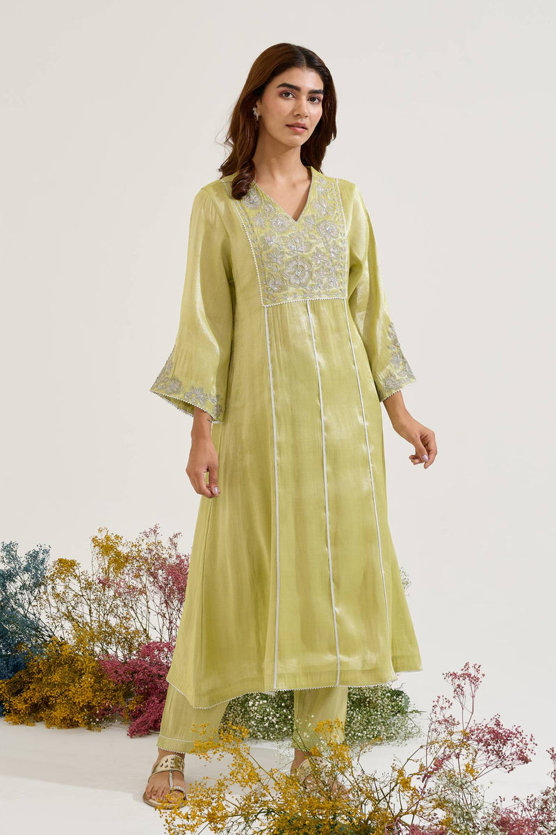 Lime Floral Zari Tissue Anarkali with Narrow Pants - Set of 2