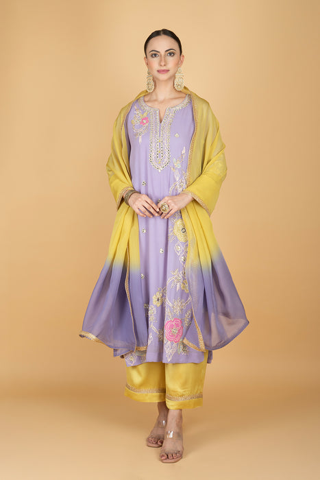Purple Embroidered Kurta W/Contrasting Pant & Shaded Dupatta