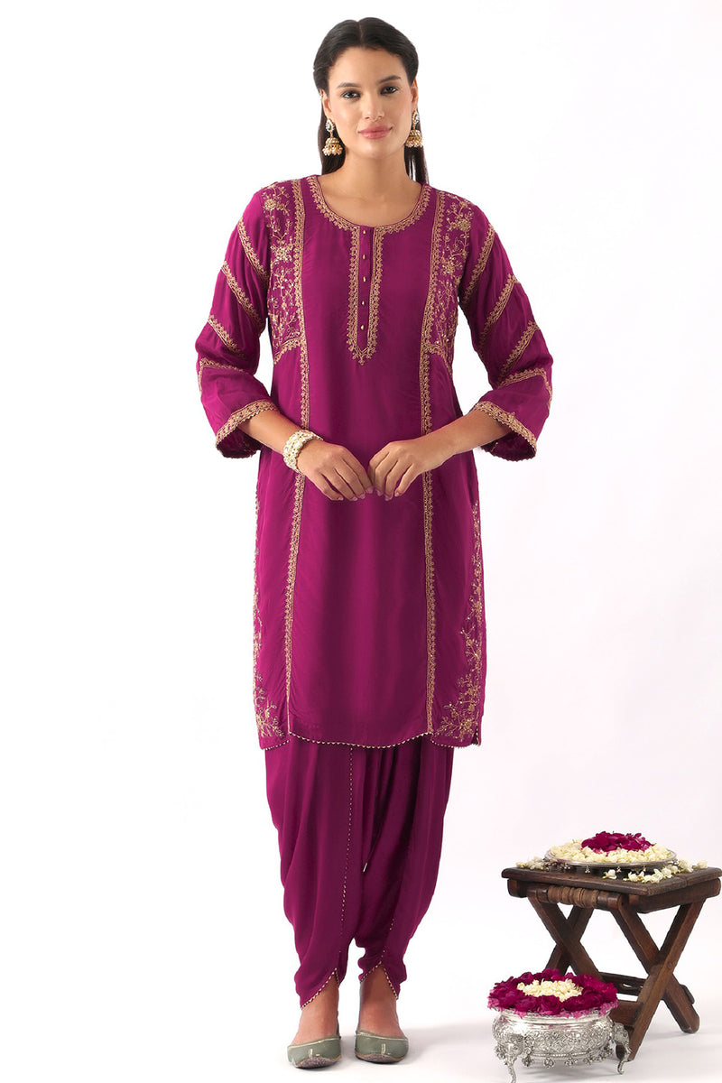 Magenta Pink Dori Embroidered Kurta & Dhoti Set