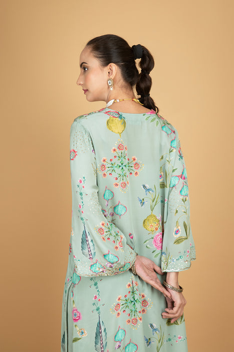 Green Floral Printed Sequin Embroidery Kurta with Pant & Dupatta Set