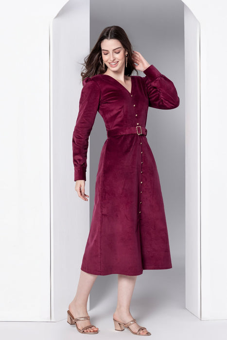Bordeaux Grace Corduroy Midi Dress