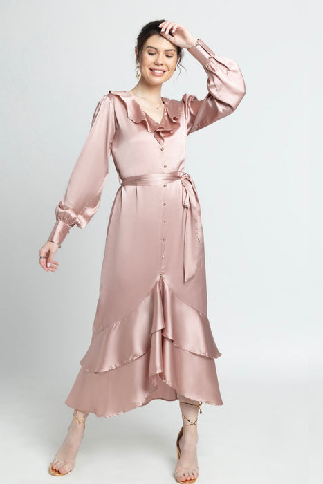 Rose Gold Ruffle V Midi Dress