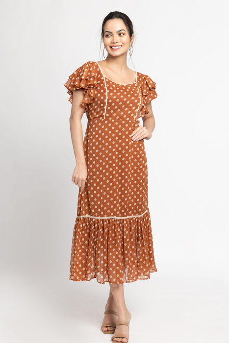 Brown Polka Midi Dress