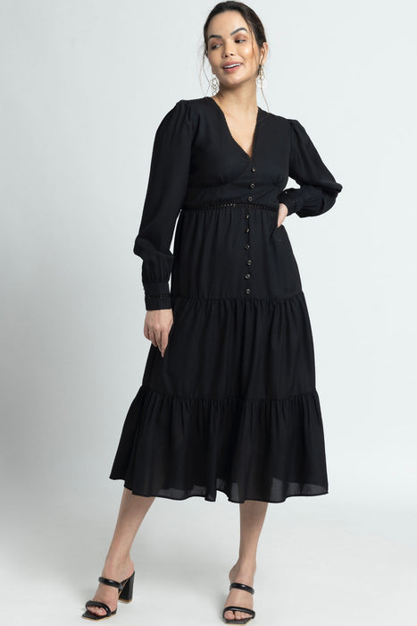 Midnight Black V Midi Dress