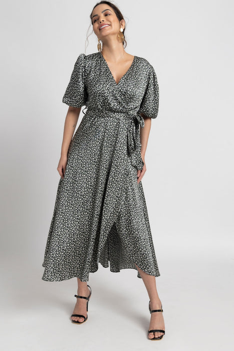 Noir Botanical Surplice Midi Dress