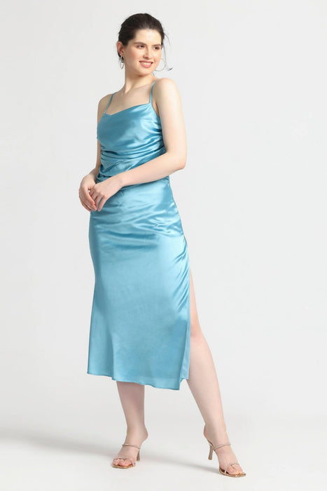 Turquoise Blue Cowl Midi Dress