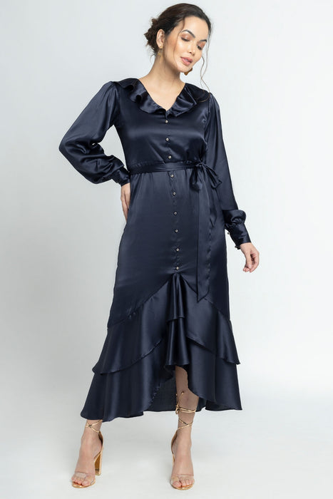 Navy Nights Ruffle Midi Dress