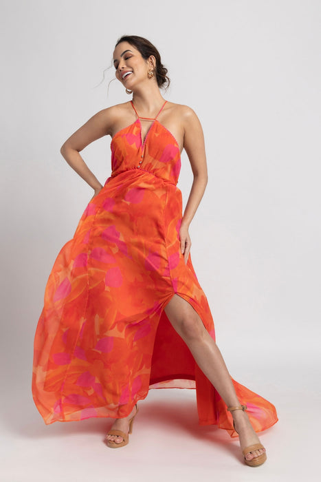 Playful Orange Strap Maxi Dress