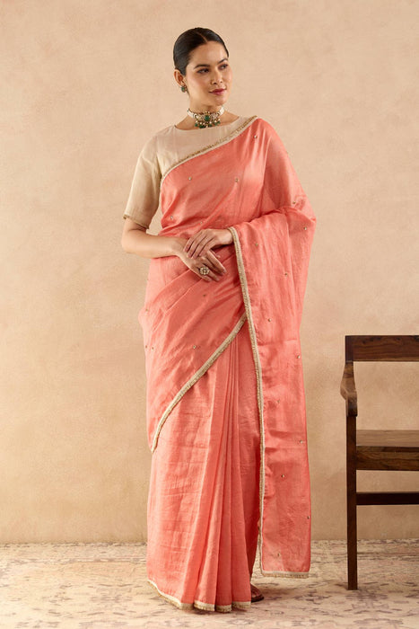 Red Gold Sequins Chanderi Stripe Saree with Tissue Blouse