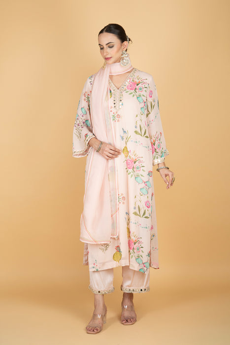 Nude Pink Floral Print Mirror Embroidered Kurta With Pants & Dupatta