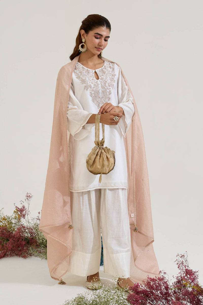 Rosy White Zari Scallop Chanderi Stripe Dupatta