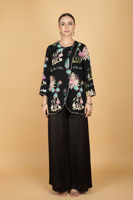 Black Floral Print Embroidered Overlay Top With Pants