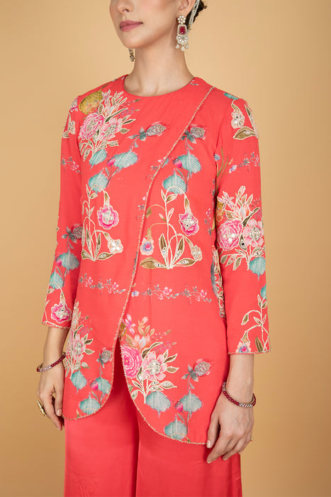 Coral Pink Floral Print Embroidered Overlay Top  W/Pants