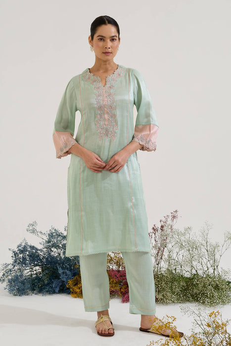 Mint Lotus Applique Tissue Kurta with Narrow Pants - Set of 2