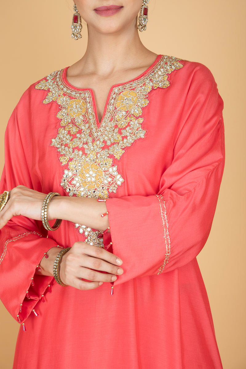 Coral Pink  Embroidered Kaftaan  Kurta With Pants