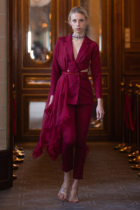 Maroon pantsuit with belt