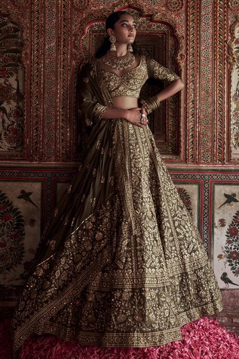 OLIVE PRINTED Chanderi silk Lehenga set