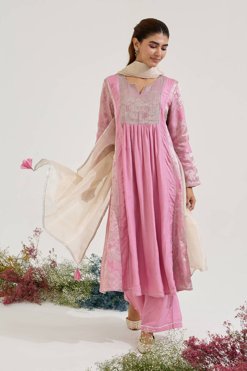 Lilac Dori Jacquard Kurta with Wide Leg Pants and Dupatta - Set of 3