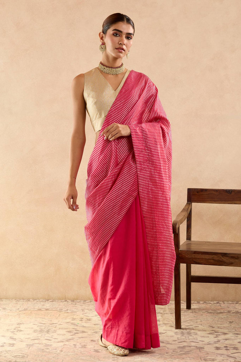 Fuchsia Pink Chanderi Saree with Stripe Pallu with Dupion Zari Blouse