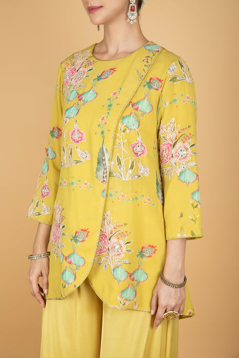 Lemon Yellow Floral Print Embroidered Overlay Top  W/Pants