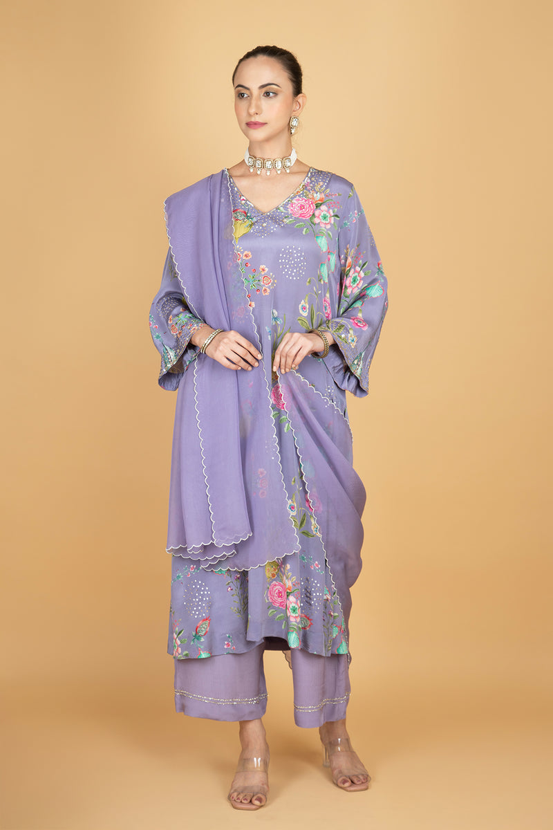 Purple Floral Printed Sequin Embroidery Kurta with Pant & Dupatta Set