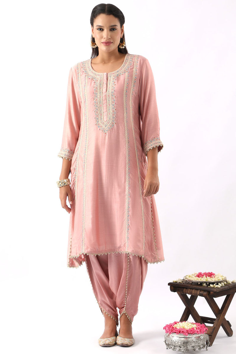 Pink Embroidered A-Line Kurta & Dhoti Set