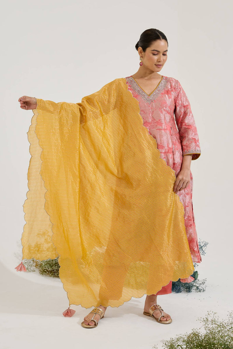 Yellow Zari Scallop Chanderi Stripe Dupatta