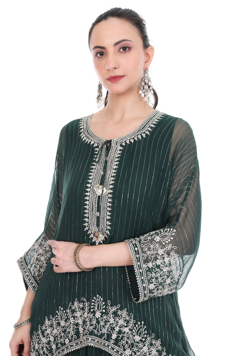 Green Embroidered High Low Kaftaan with Heram Pants