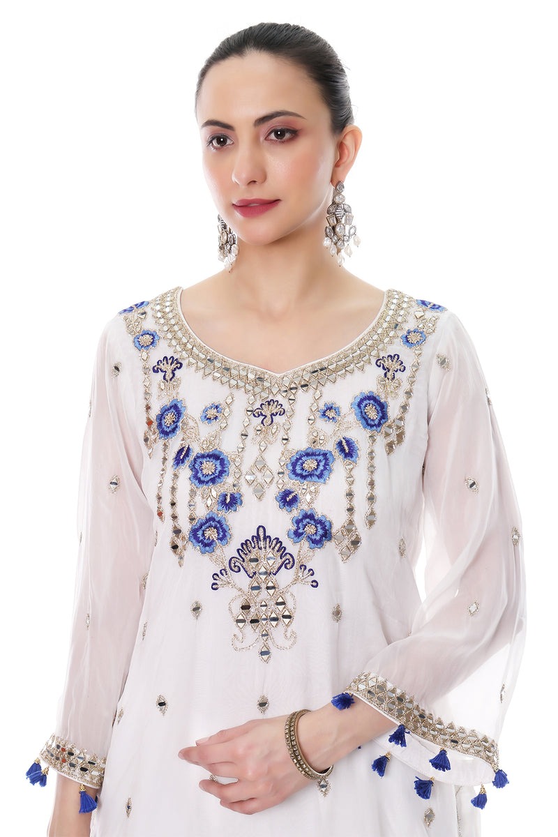 White Short Kurta Mirror Embroidered Sharara & Printed Dupatta
