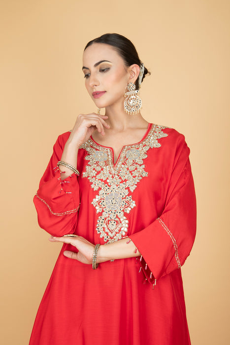 Red Embroidered Kaftaan  Kurta With Pants